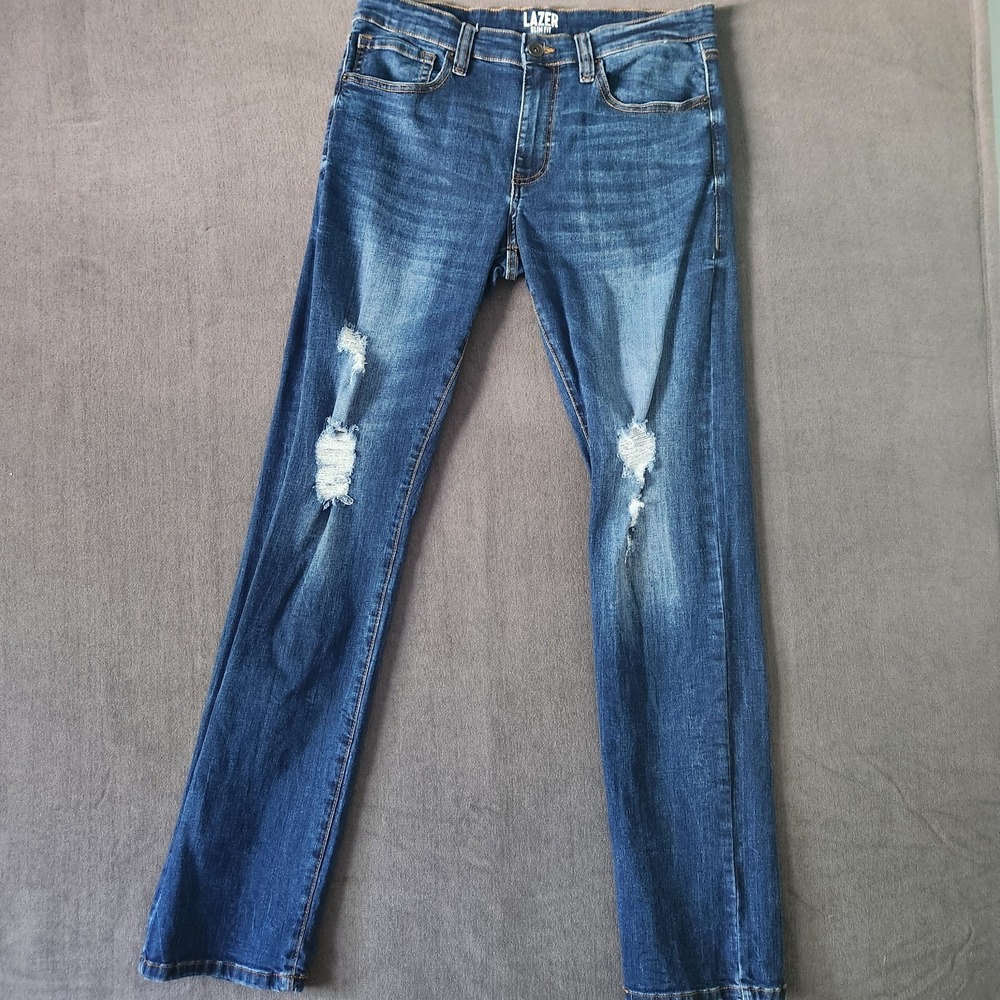 Lazer Jeans Mens Size 32x34 Blue‎ Denim Slim Fit Blue Distressed